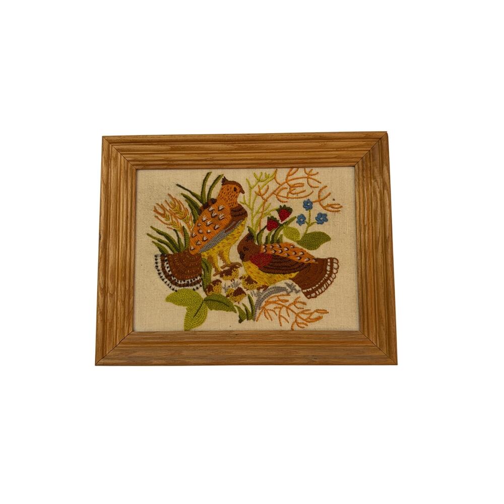 Vintage 70s Frame Crewel Wall Art Birds Quail
